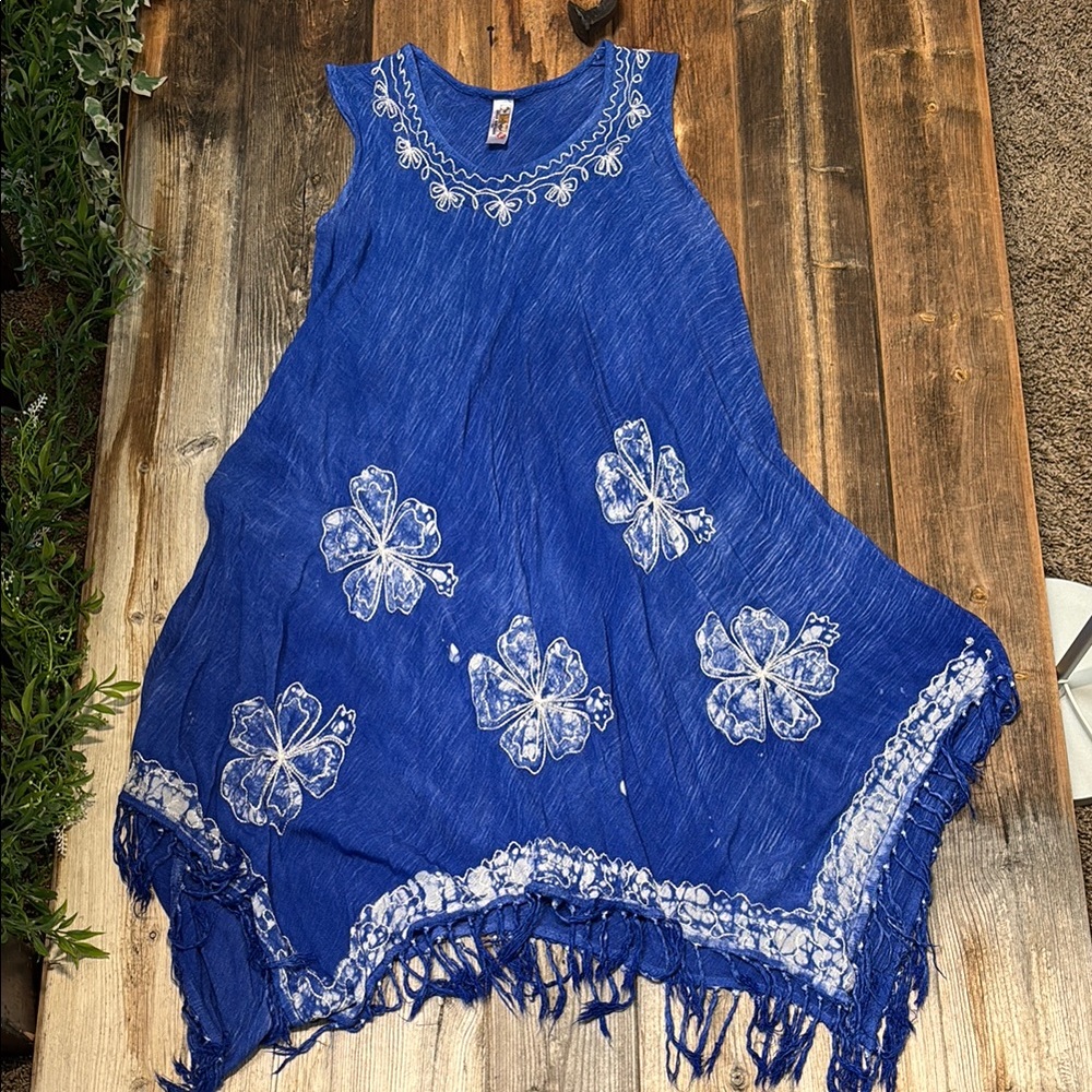 Blue Handkerchief India Boutique Dress with White Floral Design Free Size